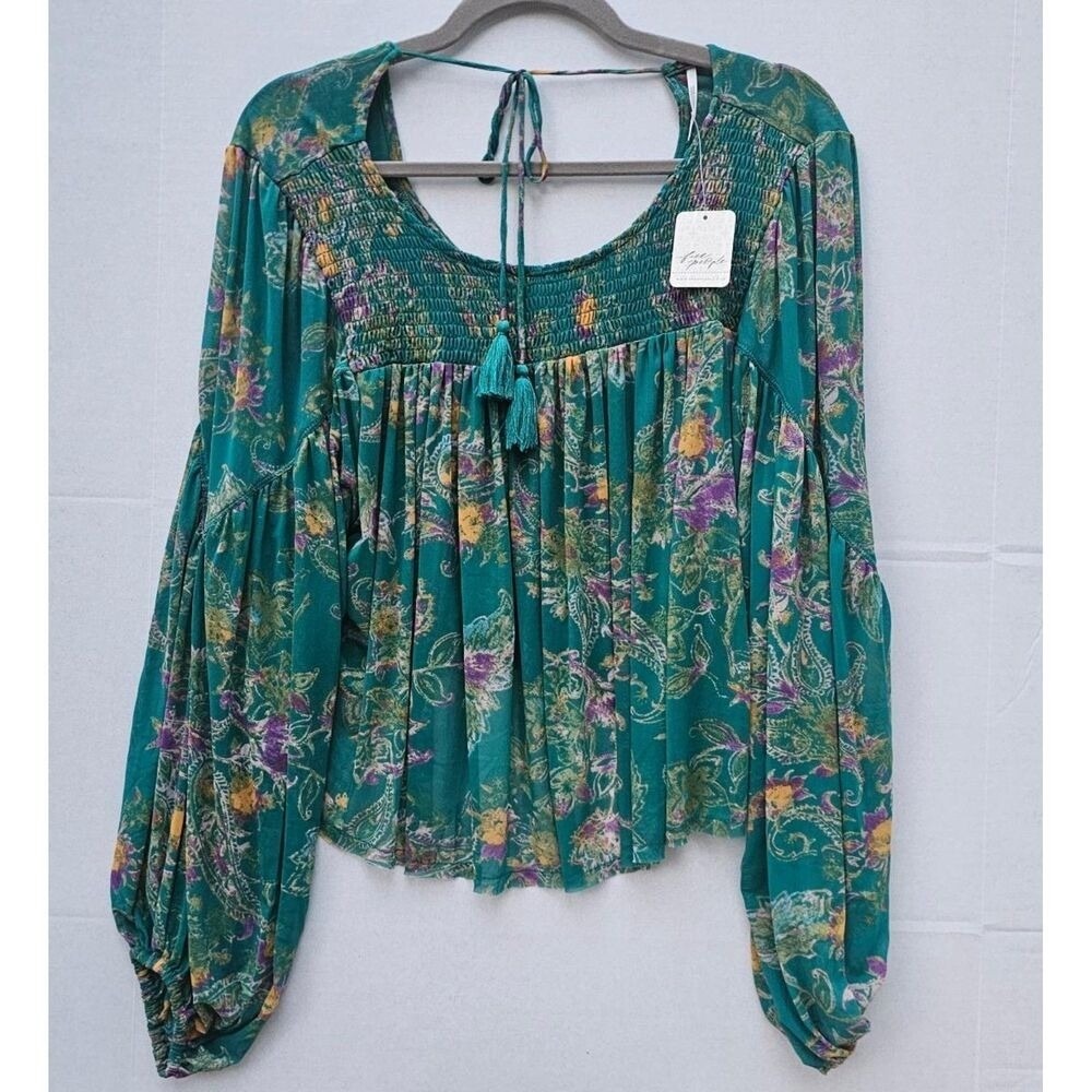 Free People Emerald Floral Sheer Tie Back Crop Top Boho Festival Blouse Sz M NWT - Picture 3 of 6